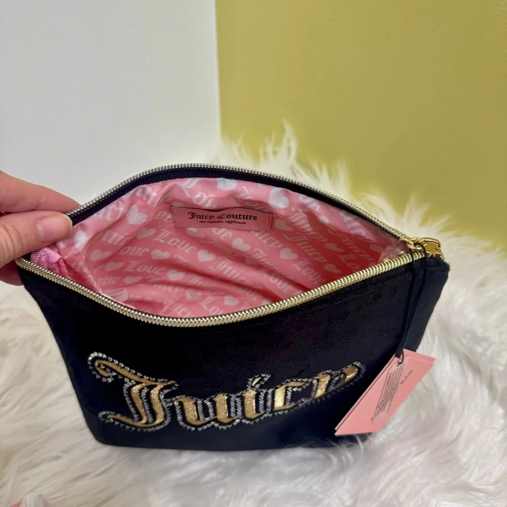 Juicy Couture Bling Velour Makeup Comestic Bag Black Logo NWT